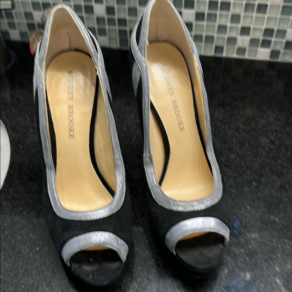 Audrey Brooke Black and Silver Peep Toe Heels
